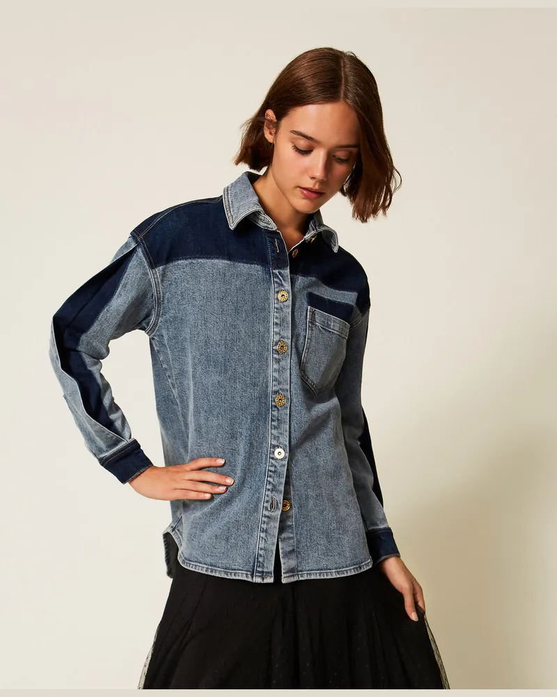 Twin-Set Hemden - Zweifarbiges Jeanshemd, Zweifarbig Light Denim / Dark, Größe Zweifarbig
