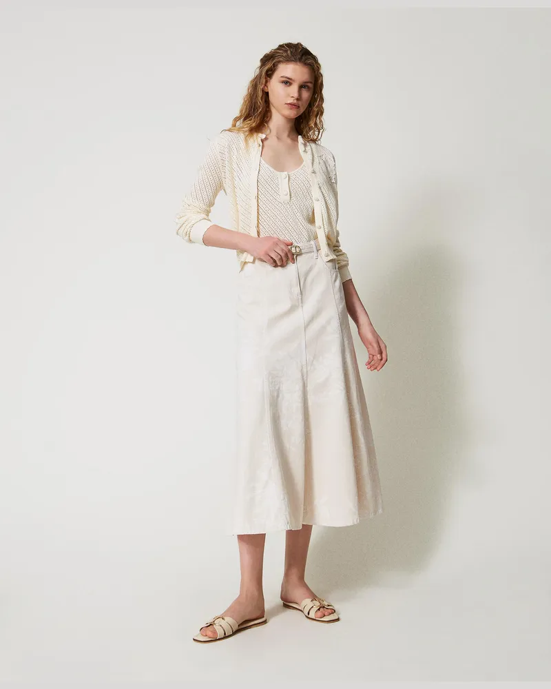 Twin-Set Röcke - Maxirock aus Bull-Denim mit Blumendessin, Schneeblumen-Print / Parchment, Größe: 50 