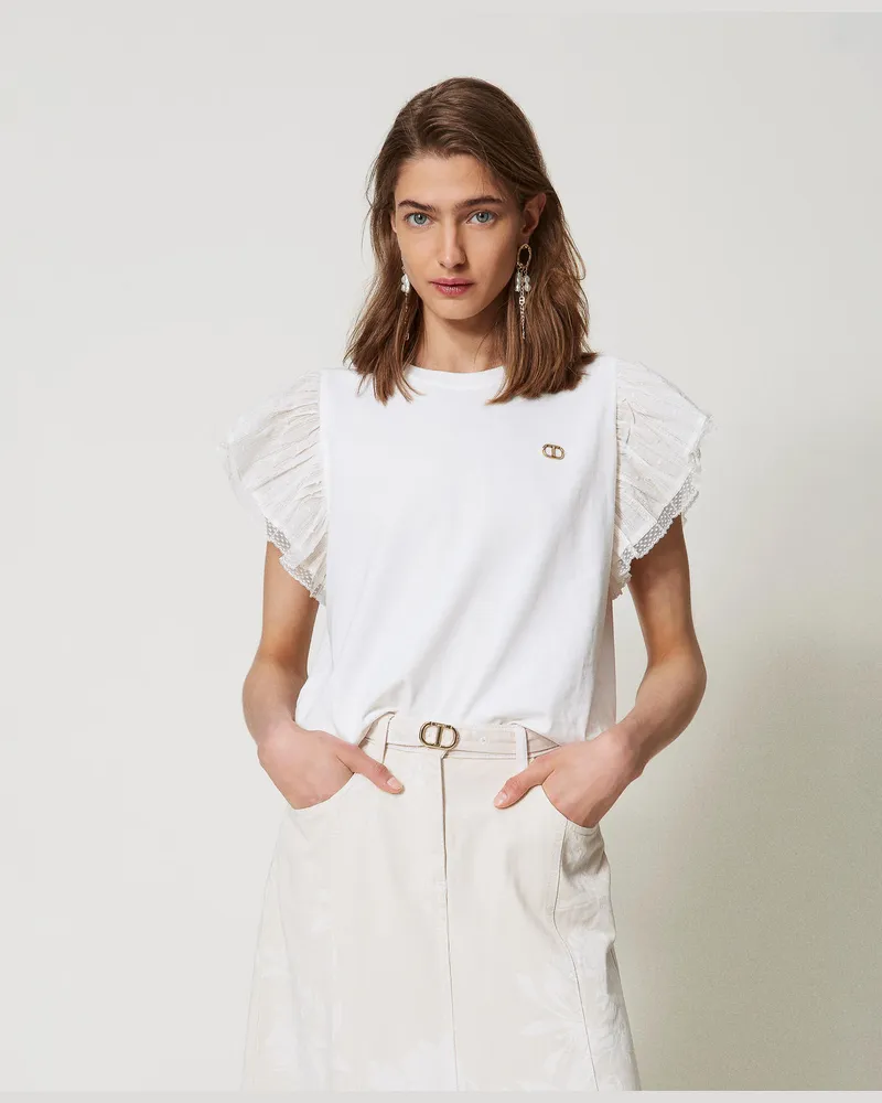 Twin-Set T-Shirts - T-Shirt mit Ärmeln aus Fil-Coupé, Weiß Schnee, Baumwolle, Größe: XXL 