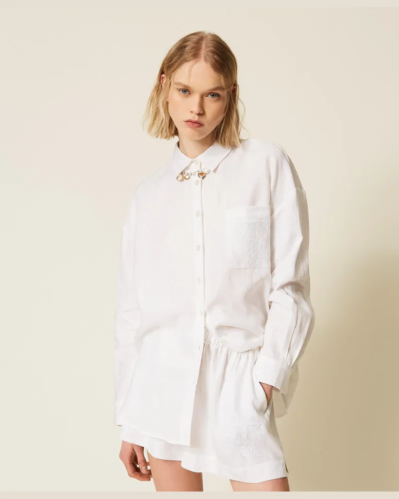 Twin-Set Hemden - Hemdbluse aus Leinen mit aufgesticktem Logo, Weiß, Größe Weiß