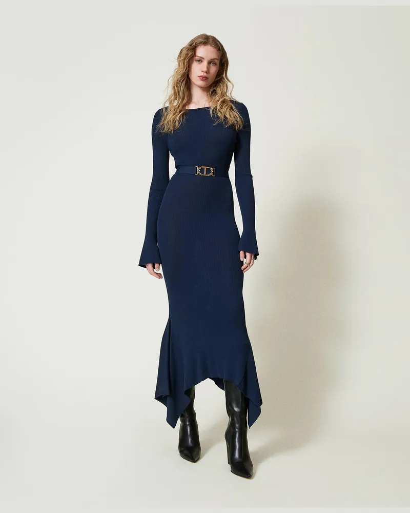 Twin-Set Kleider - Midi-Strickkleid mit Gürtel und Volant, Indigo, Größe Indigo