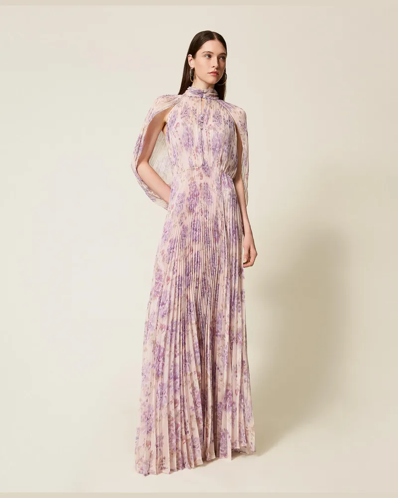 Twin-Set Kleider - Langes Kleid aus plissiertem Krepon im floralen Dessin, Blumenprint Schneeweiß/ Lila, Plissee, Größe Blumenprint