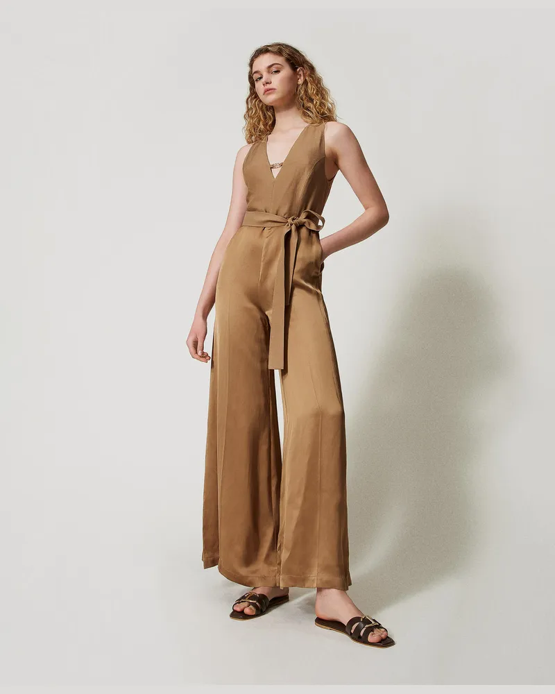 Twin-Set Kleider - Langer Jumpsuit aus Envers-Satin, Golden Green, Größe Golden