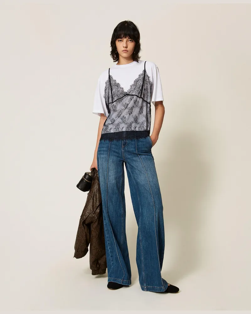 Twin-Set Wide-Leg-Jeans mit Biesennaht, Damen, Mittleres "Denimblau Mittleres