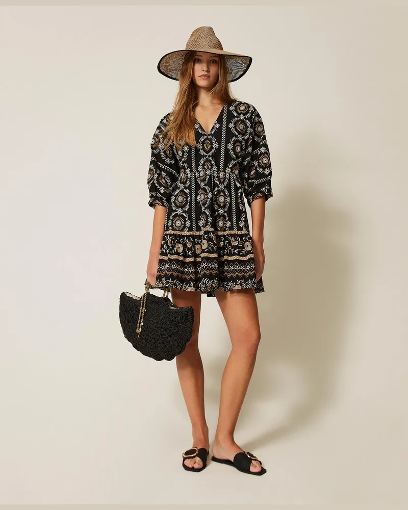 Twin-Set Bademode - Kurzes Kleid aus Musselin mit Lochstickerei, Multicolor Schwarz/Off White/"Hazelnut"-Braun, Baumwolle, Größe Multicolor