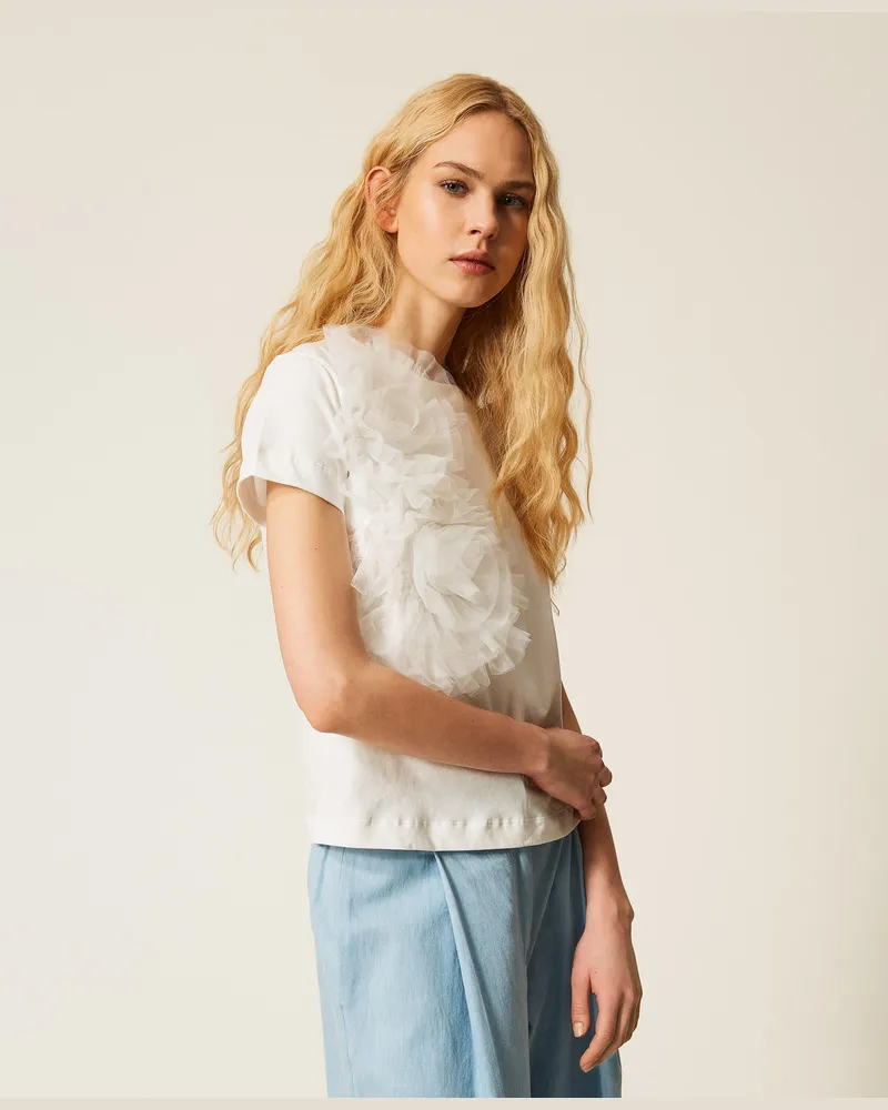 Actitude by Twinset T-Shirts - T-Shirt in Regular-Fit mit Blumen aus Tüll, Mattweiß, Baumwolle, Größe Mattweiß