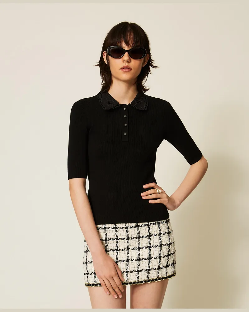 Twin-Set Pullover im Polostil mit Sangallo-Kragen Schwarz
