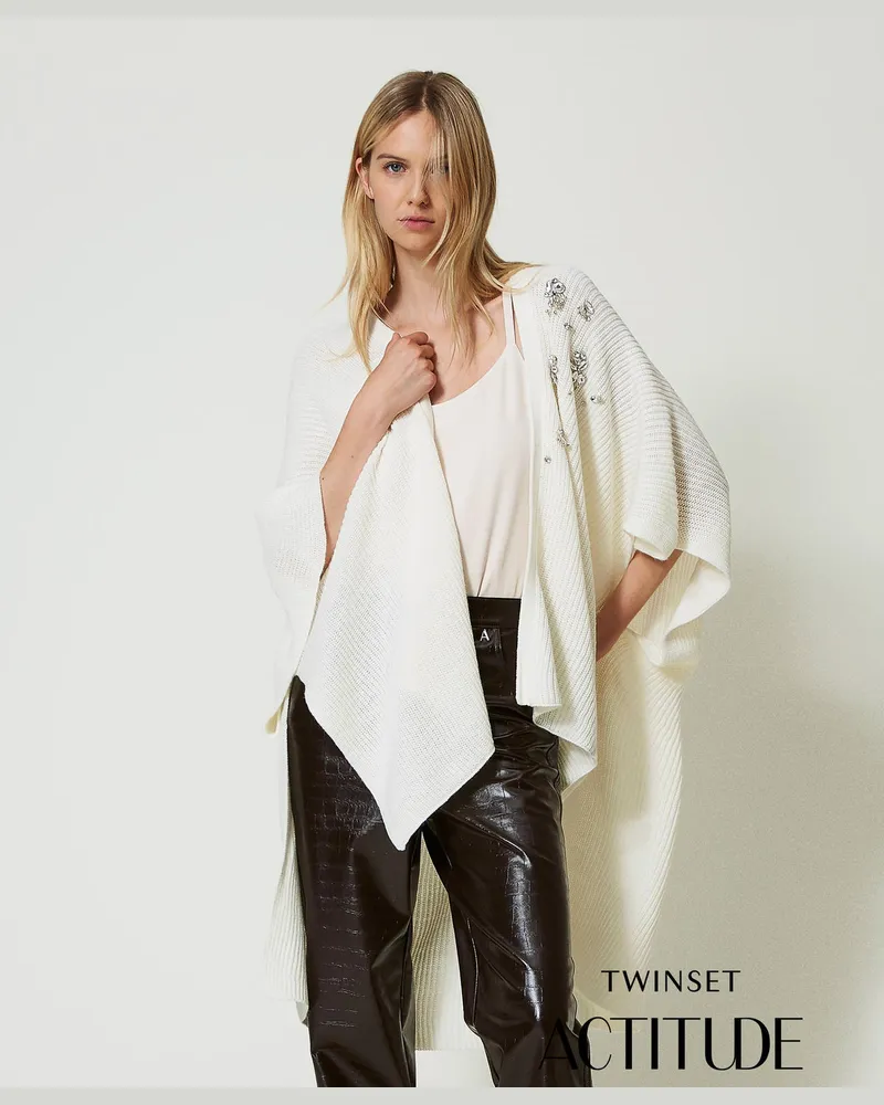 Actitude by Twinset Jacken und Outerwear - Strickponcho mit Stickereien, White Sahne, Einheitsgröße White