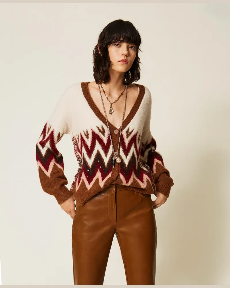 Twin-Set Jacquard-Cardigan mit Pailletten, Damen, Jacquard Toffee / "Rhabarberrot Jacquard