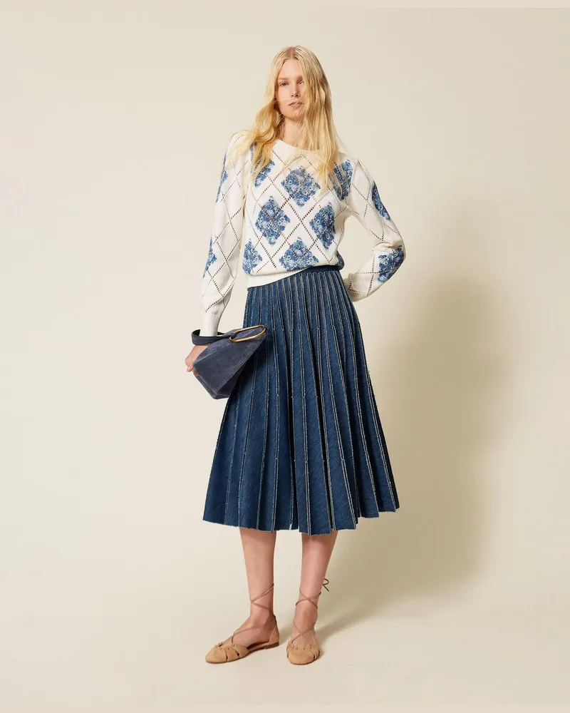 Twin-Set Röcke - Maxi-Jeansrock in Plissee-Optik, Mittleres "Denimblau", Größe Mittleres