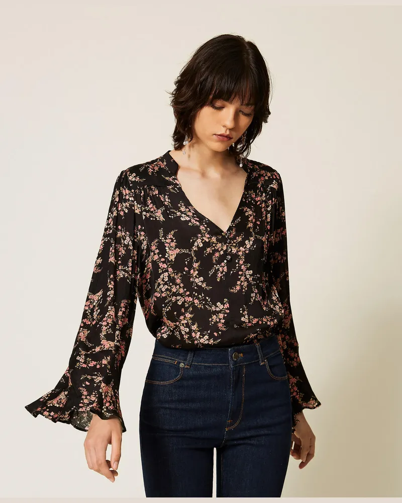 Twin-Set Bluse aus Krepon-Satin mit floralem Motiv Little