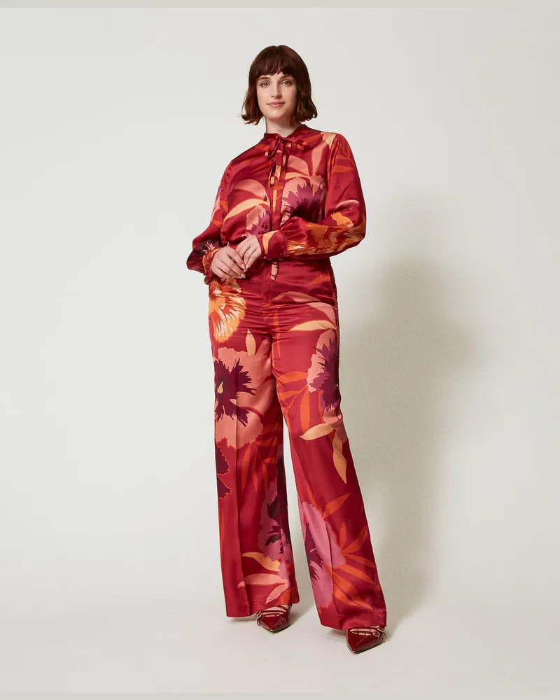 Twin-Set Hosen - Wide-Leg-Hose aus Satin mit Blumendessin, Makroblumen Rot / Pflaumenrot, Größe Makroblumen