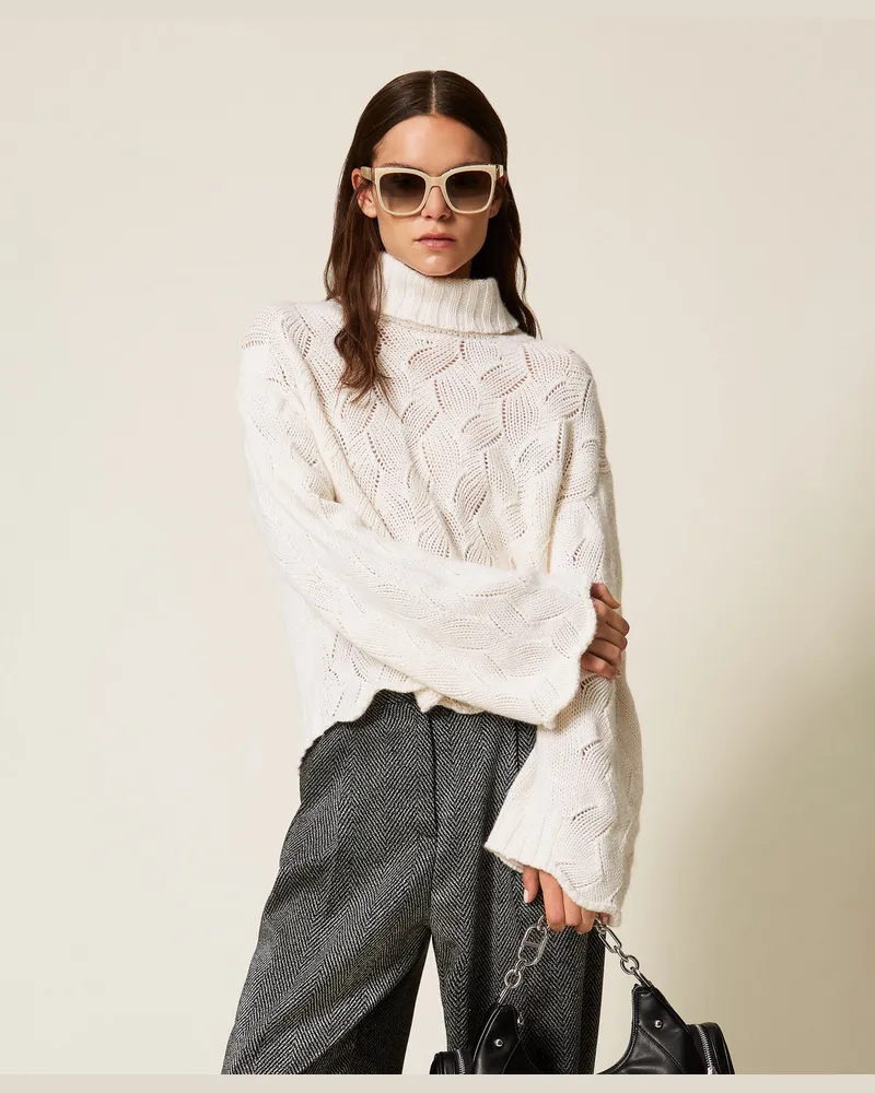 Twin-Set Rollkragenpullover aus Wollmischung mit Feston, Weiß Schnee, Wolle, Größe: XXL 