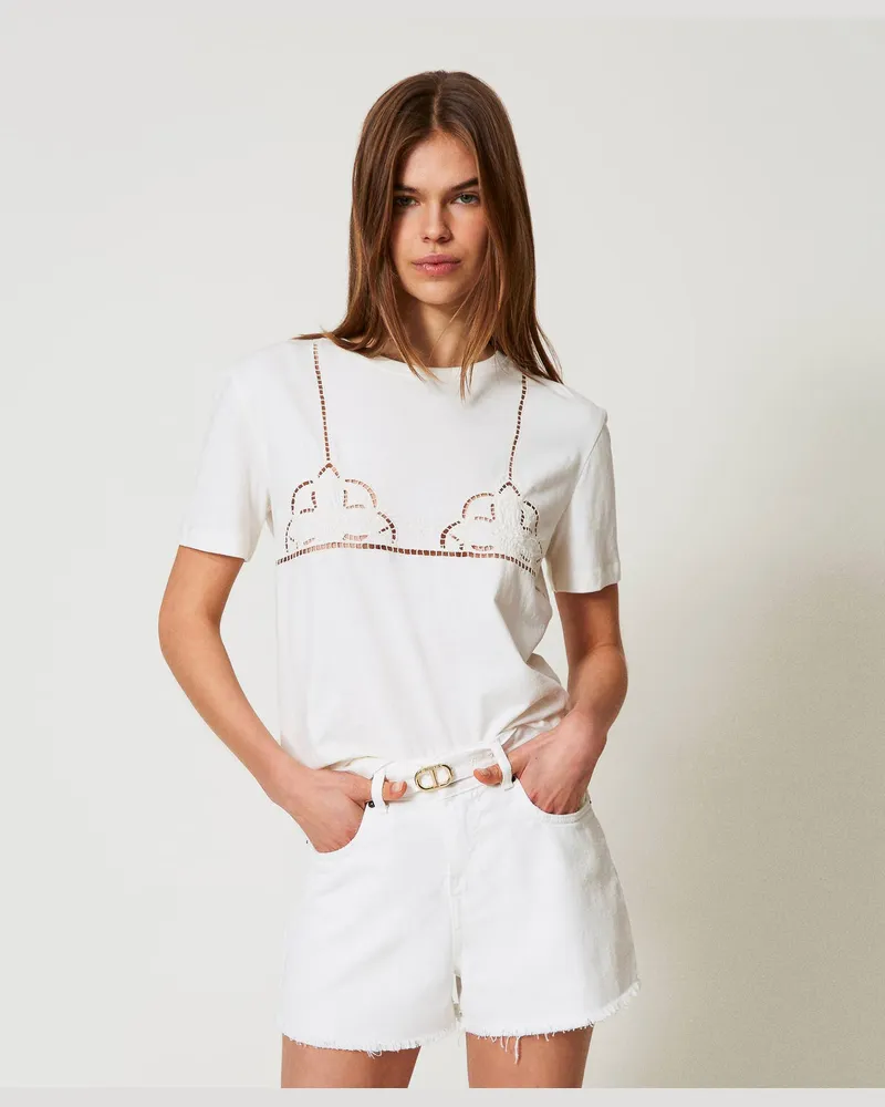 Twin-Set T-Shirts - T-Shirt mit bestickten Durchbrüchen, Weiß Schnee, Baumwolle, Größe: XXS 
