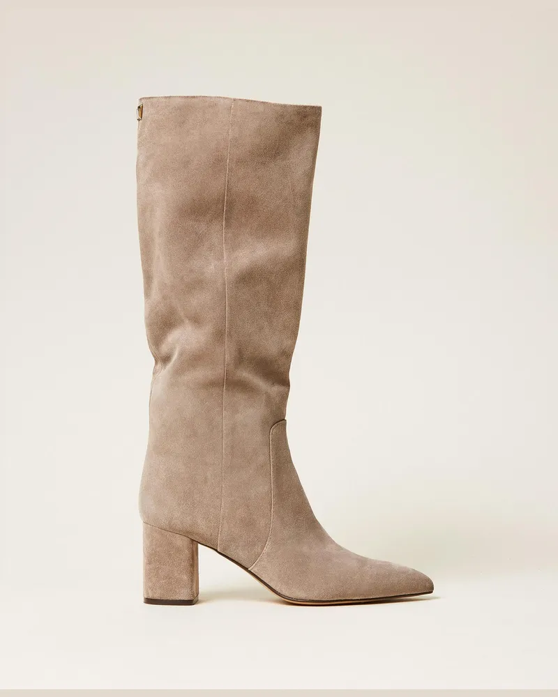 Twin-Set Hoher Stiefel aus Velourseder, Damen, Kitt Kitt