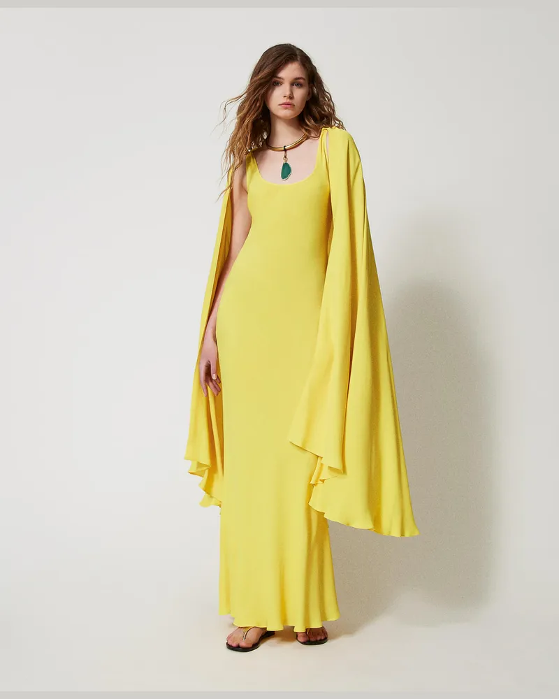 Twin-Set Kleider - Maxikleid „Ischia" aus Georgette mit Capedetail, „Passion Fruit"-Gelb, Größe „passion