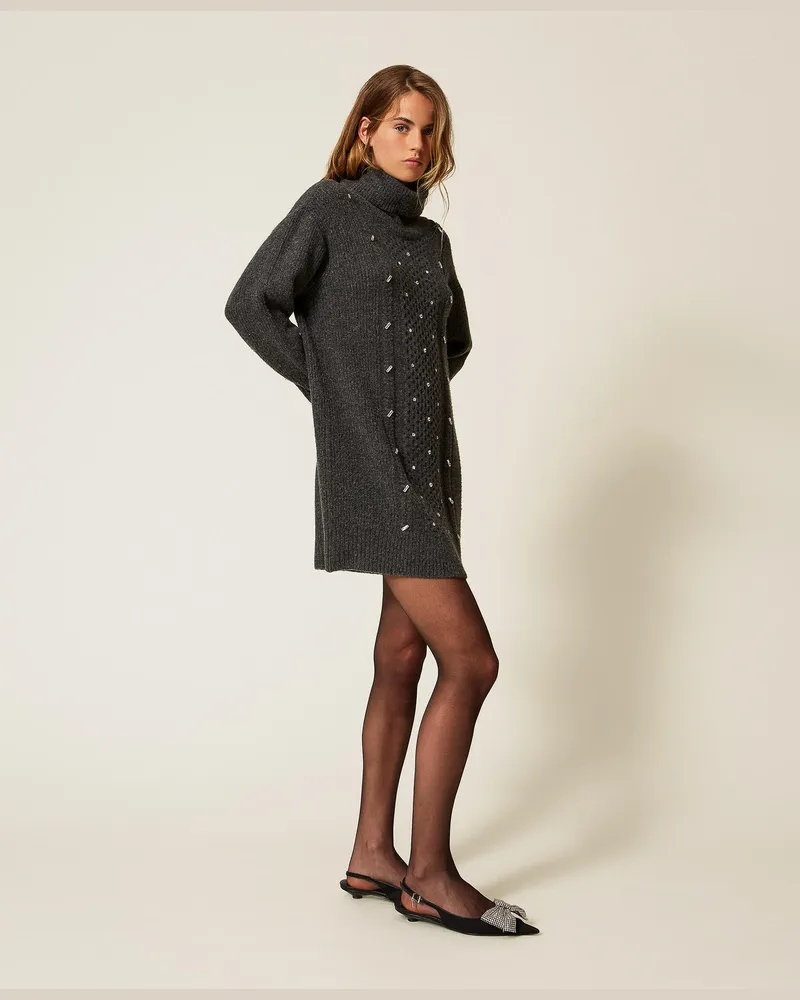 Actitude by Twinset Kleider - Kurzes Strickkleid mit Stickereien, Durchschnittgrau-Mélange, Größe Durchschnittgrau-mélange
