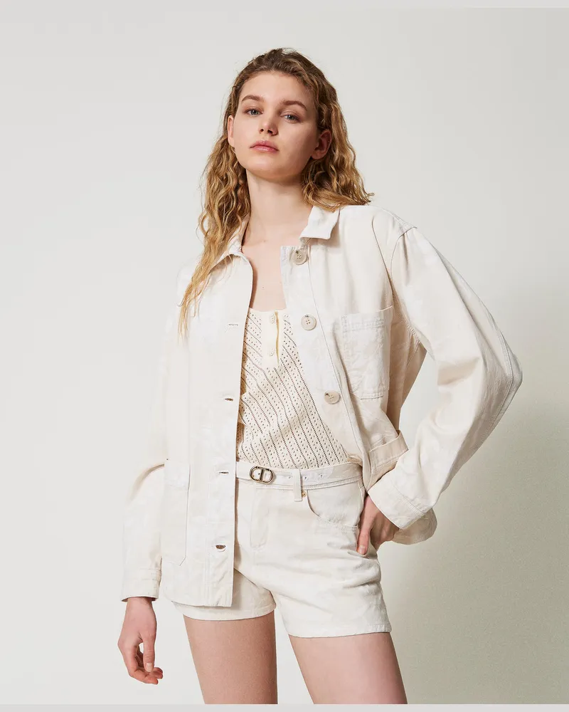 Twin-Set Hosen - Shorts aus Bull-Denim mit Blumendessin, Schneeblumen-Print / Parchment, Größe Schneeblumen-print