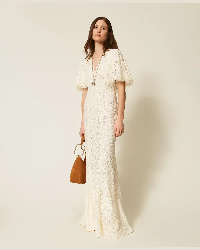 Twin-Set Kleider - Langes Spitzenkleid, Perlmutt, Größe Perlmutt