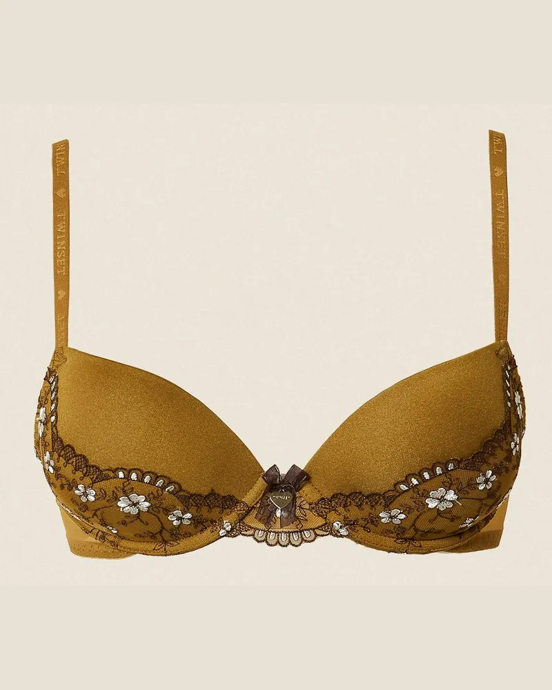 Twin-Set Push-up-BH aus besticktem Tüll, Damen, Stickerei Shiny Oil / Mocha / Perlmutt Stickerei