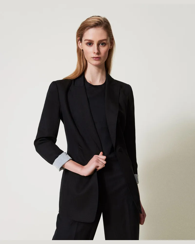 Twin-Set Jacken und Outerwear - Einreihige Jacke aus Leinenmischung, Schwarz, Größe Schwarz