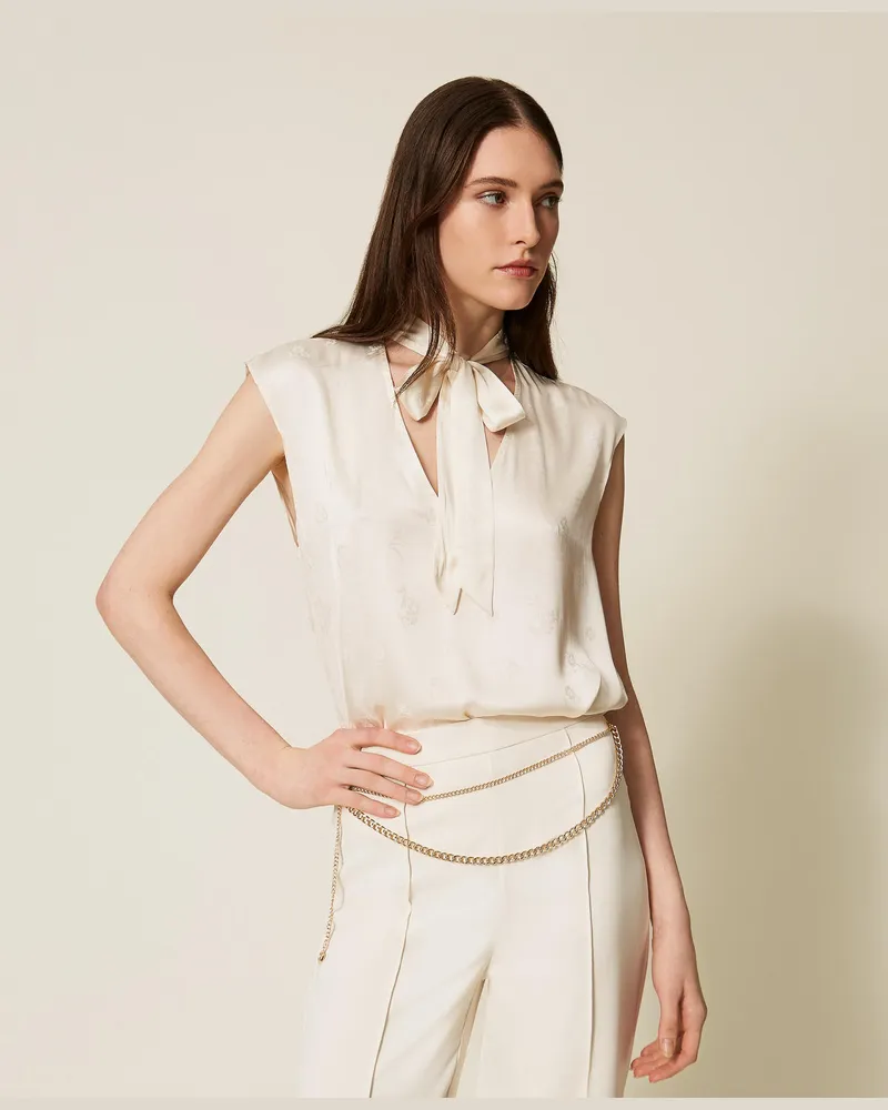 Twin-Set Tops - Top aus Jacquard-Satin mit Schleife, Perlmutt, Größe: 54 