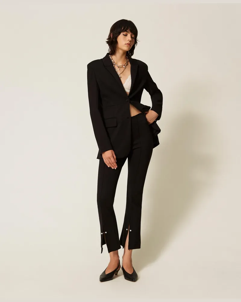 Twin-Set Flared-Hose mit Manschettenknöpfen, Damen, Schwarz Schwarz