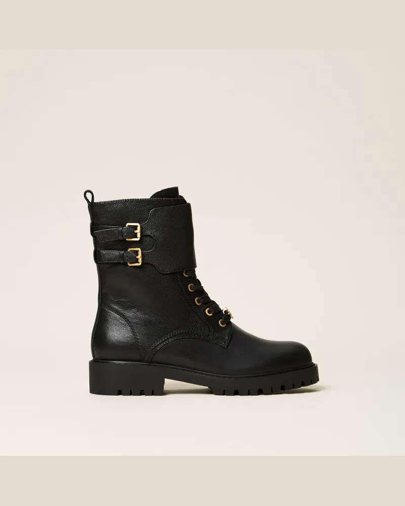 Twin-Set Schnürstiefelette aus Leder mit Riemen Schwarz