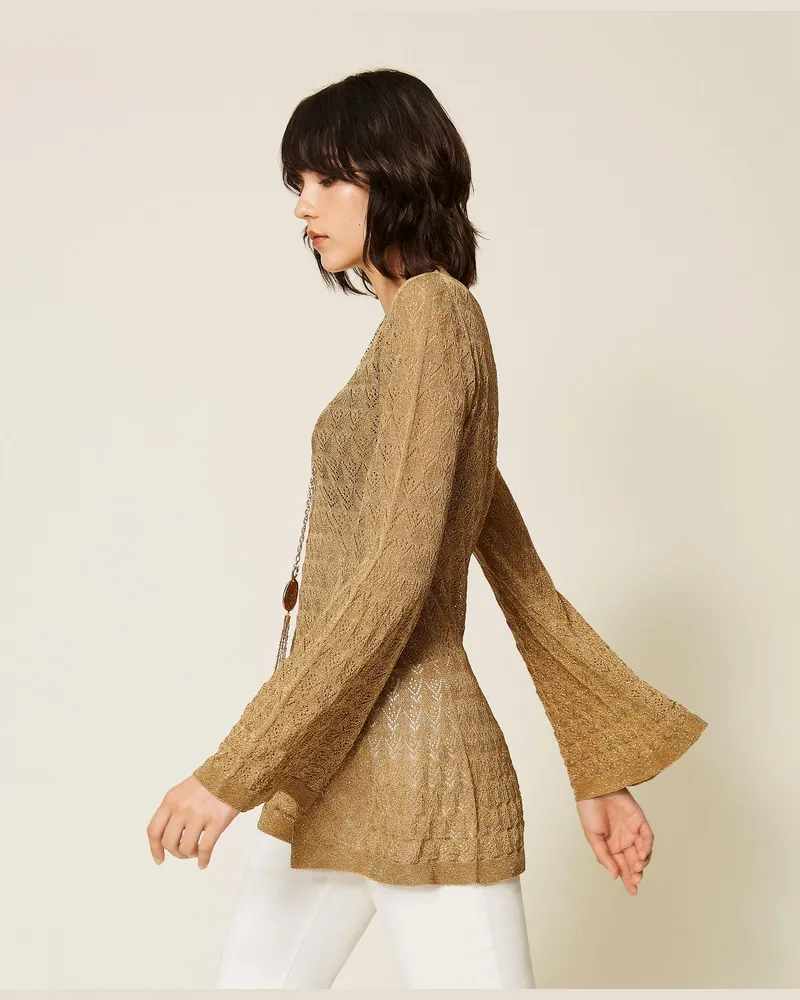 Twin-Set Tunikapullover mit ausgestellten Ärmeln, Damen, Golden Green Lurex Golden