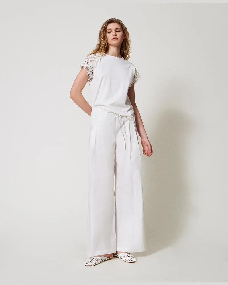 Twin-Set Hosen - Palazzohose aus Popeline, Weiß Schnee, Baumwolle, Größe Weiß