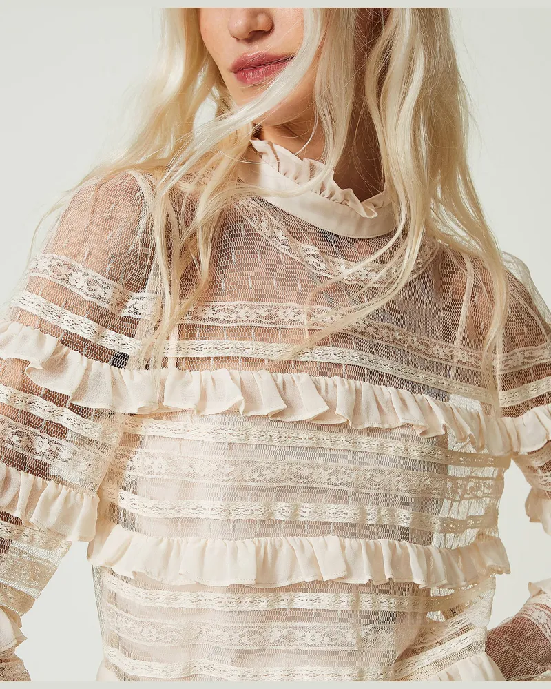 Twin-Set Blusen - Bluse aus Plumetis-Tüll und Spitze, Elfenbein, Größe Elfenbein