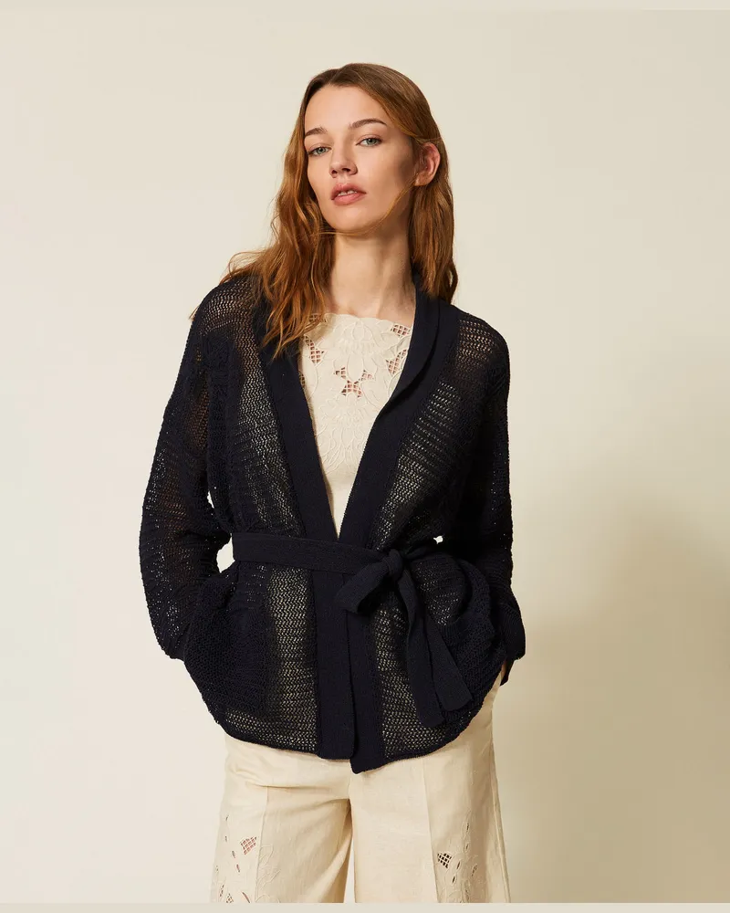 Twin-Set Cardigans - Von Hand bestickter Netz-Cardigan, Blue Light, Baumwolle, Größe Blue