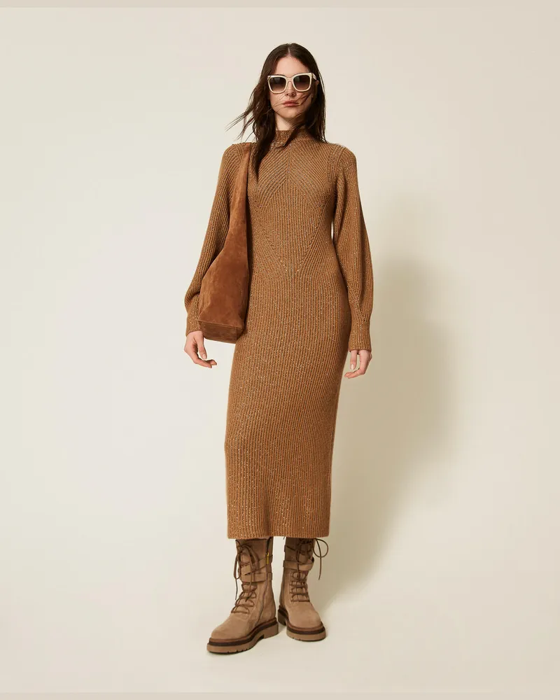Twin-Set Kleider - Langes Strickkleid aus Wollmischung mit Lurex, Zweifarbig Alpakabraun / Alpaka Lurex, Wolle, Größe Zweifarbig