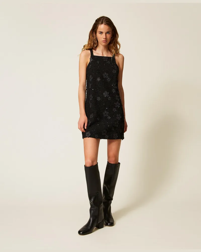 Twin-Set Kleider - Kurzes Bouclékleid mit Stickerei, Bouclé Blumen Schwarz, Größe Bouclé