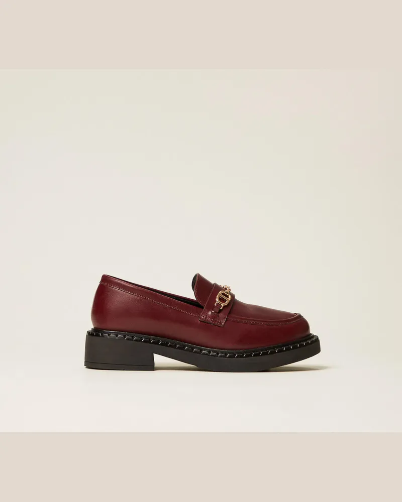 Twin-Set Schuhe - Ledermokassin mit „Oval T"-Ziertrense, Burgunderrot, Größe Burgunderrot