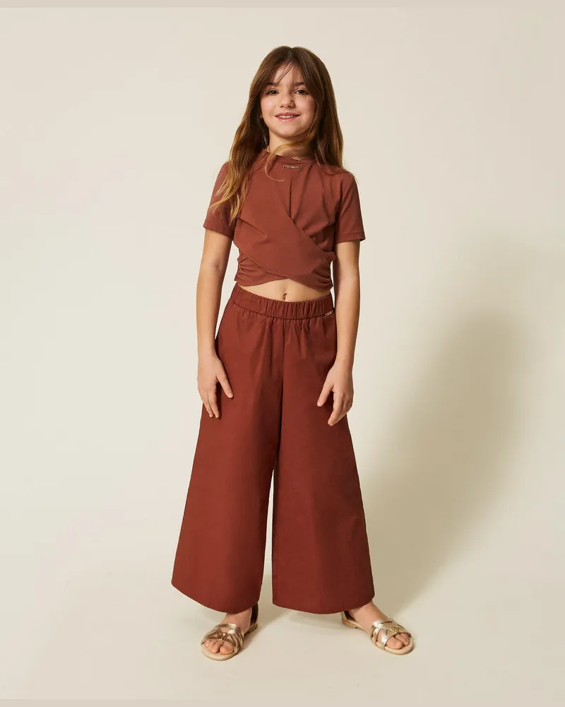 Twin-Set Hosen - Cropped-Hose aus Popeline, „Dark Root"-Braun, Baumwolle, Größe „dark