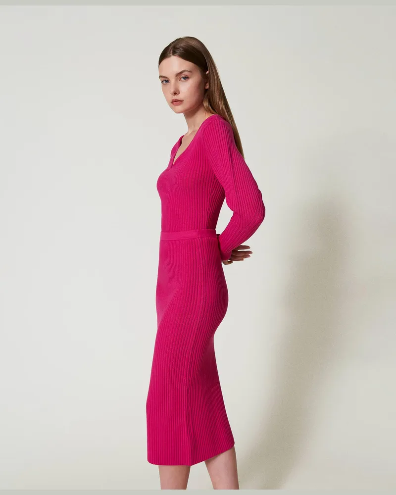 Actitude by Twinset Röcke - Geripptes Strickkleid in Midilänge, Super Pink, Größe: S 