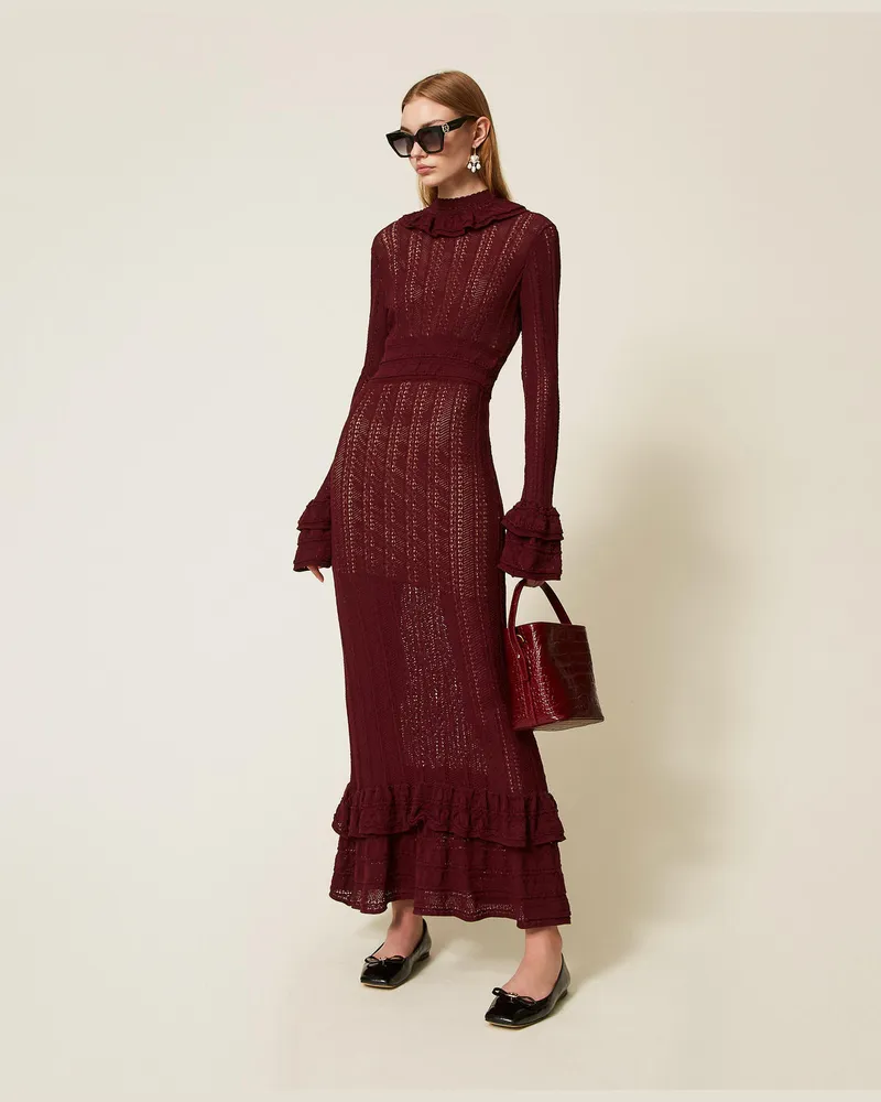 Twin-Set Kleider - Maxistrickkleid mit Volants, „Winetasting"-Violett, Baumwolle, Größe „winetasting“-violett