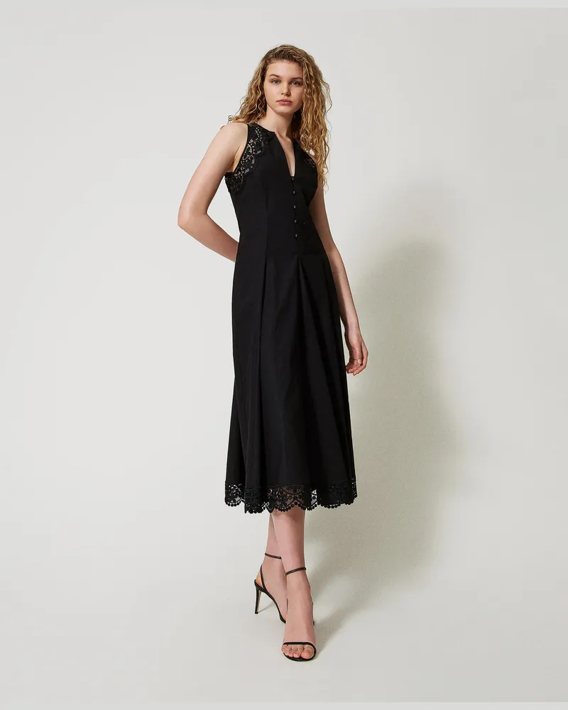 Twin-Set Kleider - Maxikleid aus Popeline mit Spitze, Schwarz, Größe Schwarz