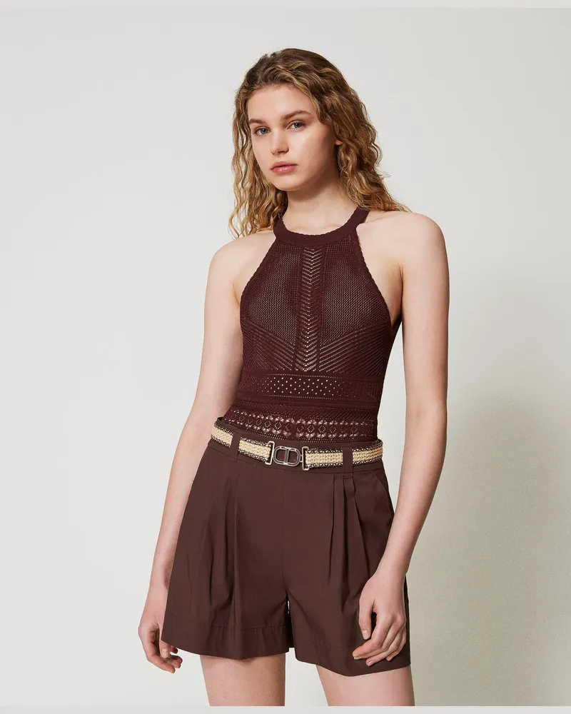 Twin-Set Tops - Strickbody mit Mustermix, Chocolate Lab, Größe: XL 