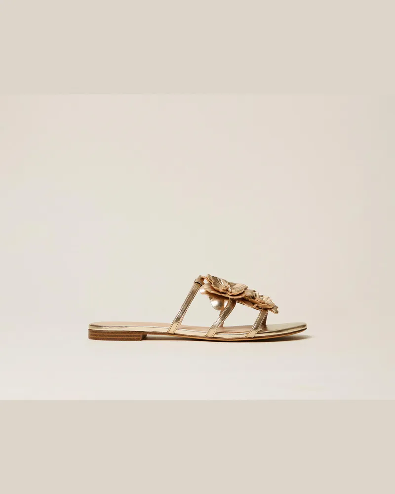 Twin-Set Schuhe - Flache Sandale aus Leder mit Blume, Gelbgold, Größe Gelbgold