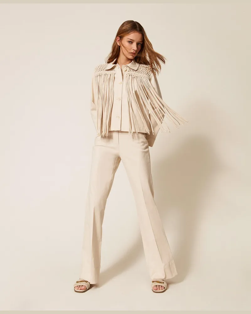 Twin-Set Bademode - Jacke aus Bull-Denim mit Fransen, Weiß Pergament, Größe Weiß