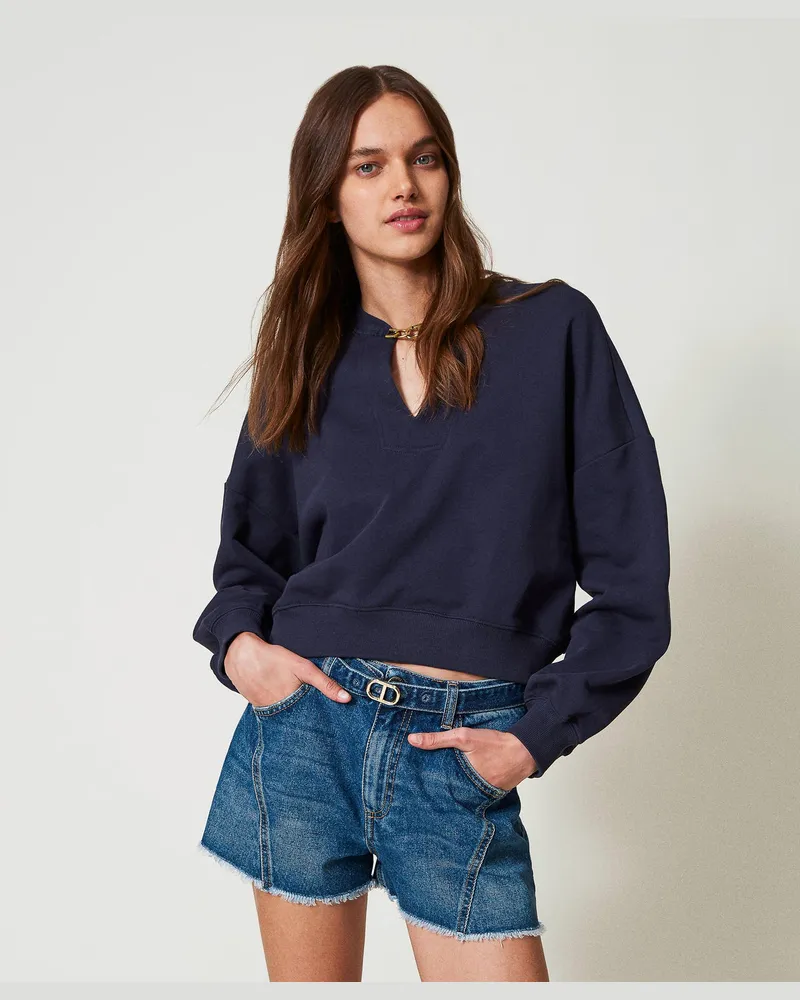 Twin-Set Sweatshirts und -jacken - Kurzes Sweatshirt mit „Oval T"-Kette, Blue Night, Größe: XXS 
