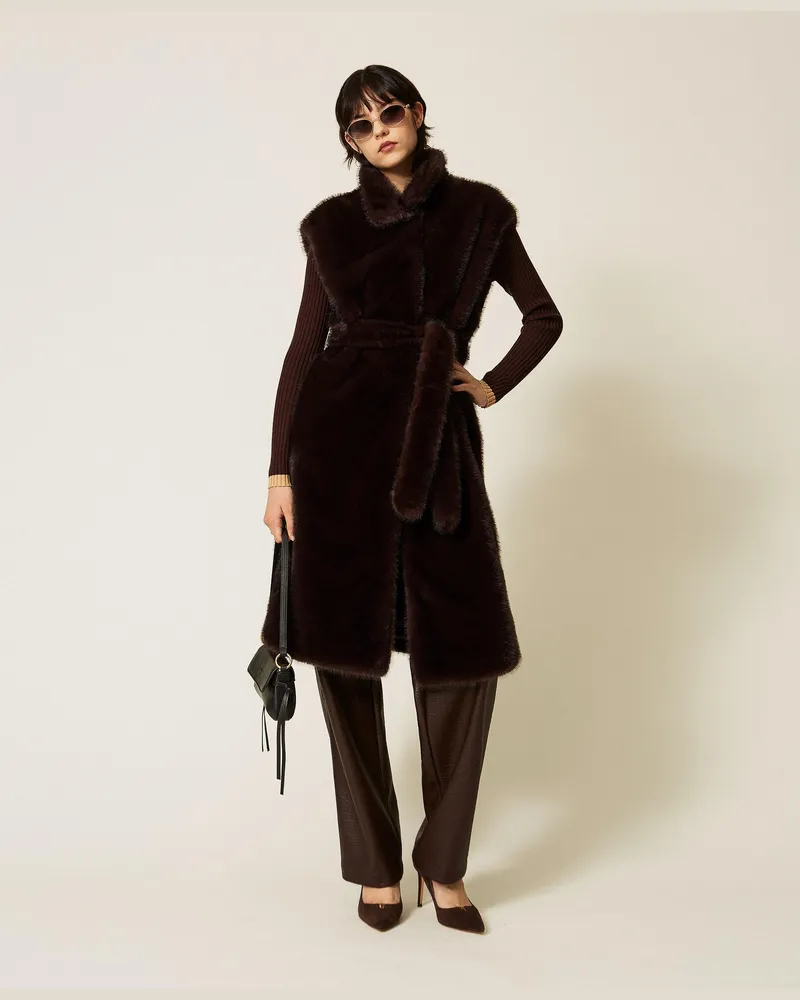 Twin-Set Lange Weste aus Kunstpelz, Damen, Chocolate Plum Chocolate