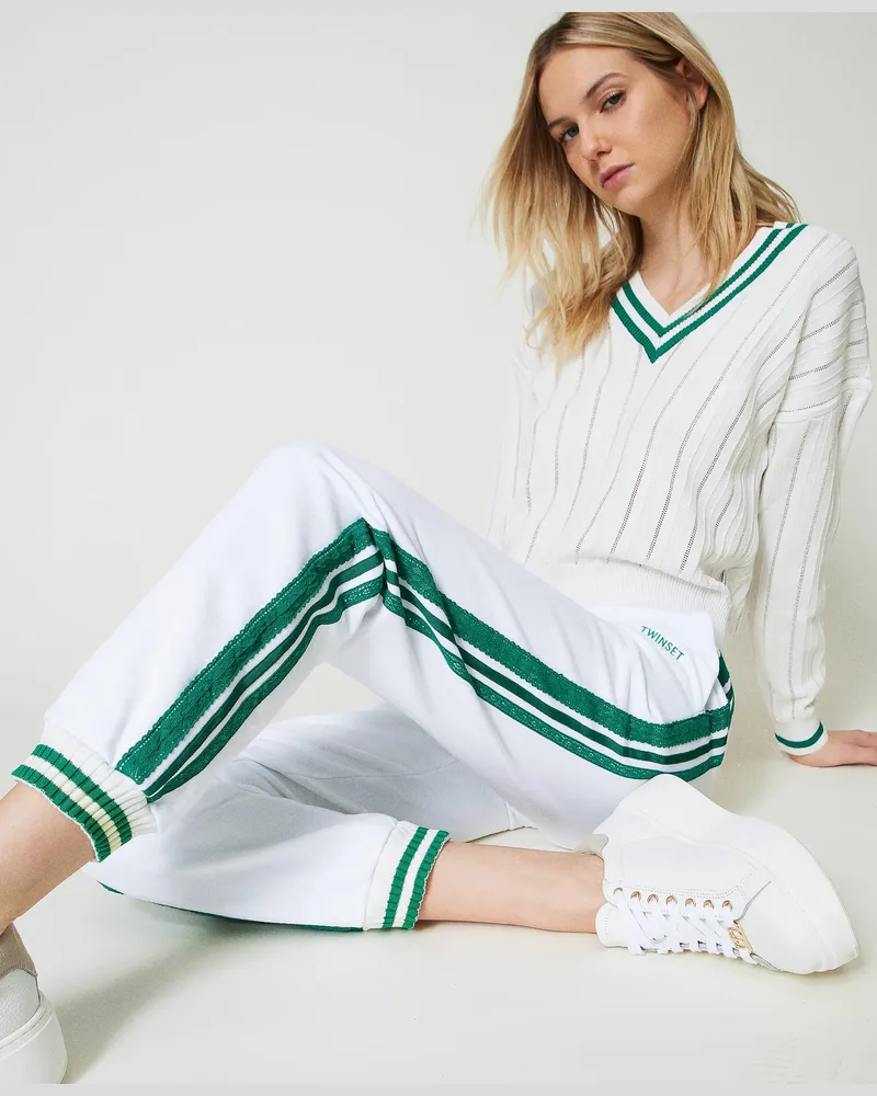 Twin-Set Hosen - Sweatjoggers mit Streifen, Zweifarbig Off White / Alpine Green, Baumwolle, Größe Zweifarbig