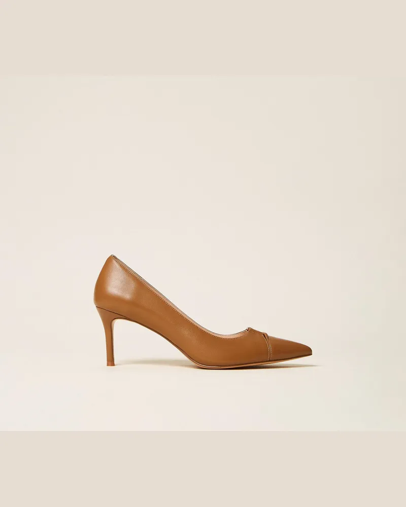 Twin-Set Pumps aus Leder mit Logo, Damen, Tobacco Brown Tobacco