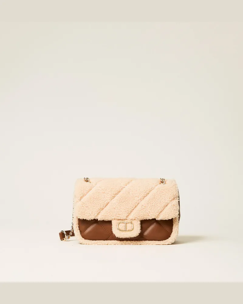 Twin-Set Taschen - Gesteppte Umhängetasche mit Kunstpelzdetails, Zweifarbig Leder / Schneeweiß, Pelzimitat, Einheitsgröße 