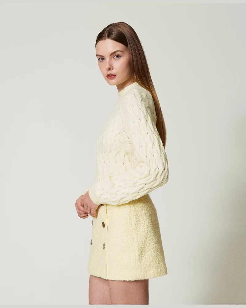 Actitude by Twinset Stehkragenpullover aus Wollmischung mit Zopfmuster, Französisch Vanille, Wolle, Größe: XL 