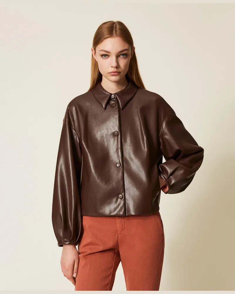 Twin-Set Jacken und Outerwear - Jacke aus Lederimitat mit Hemdkragen, Kaffee, Lederoptik, Größe Kaffee