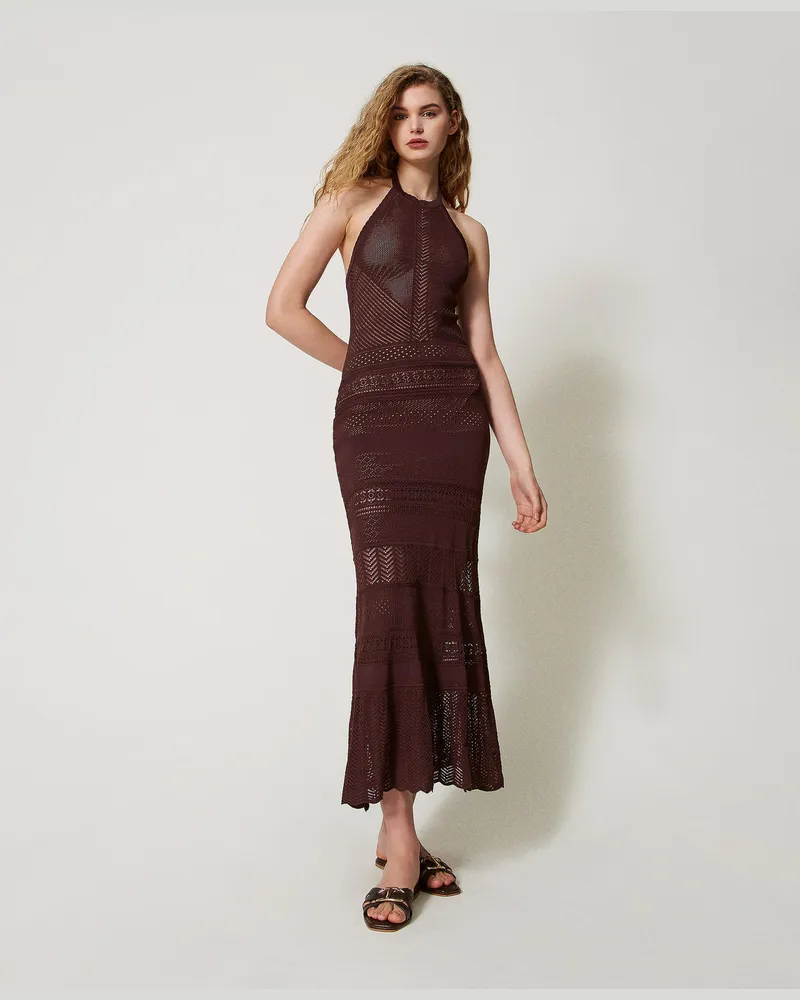 Twin-Set Kleider - Maxi-Neckholderkleid aus Gestrick mit Lochmustern, Chocolate Lab, Größe Chocolate